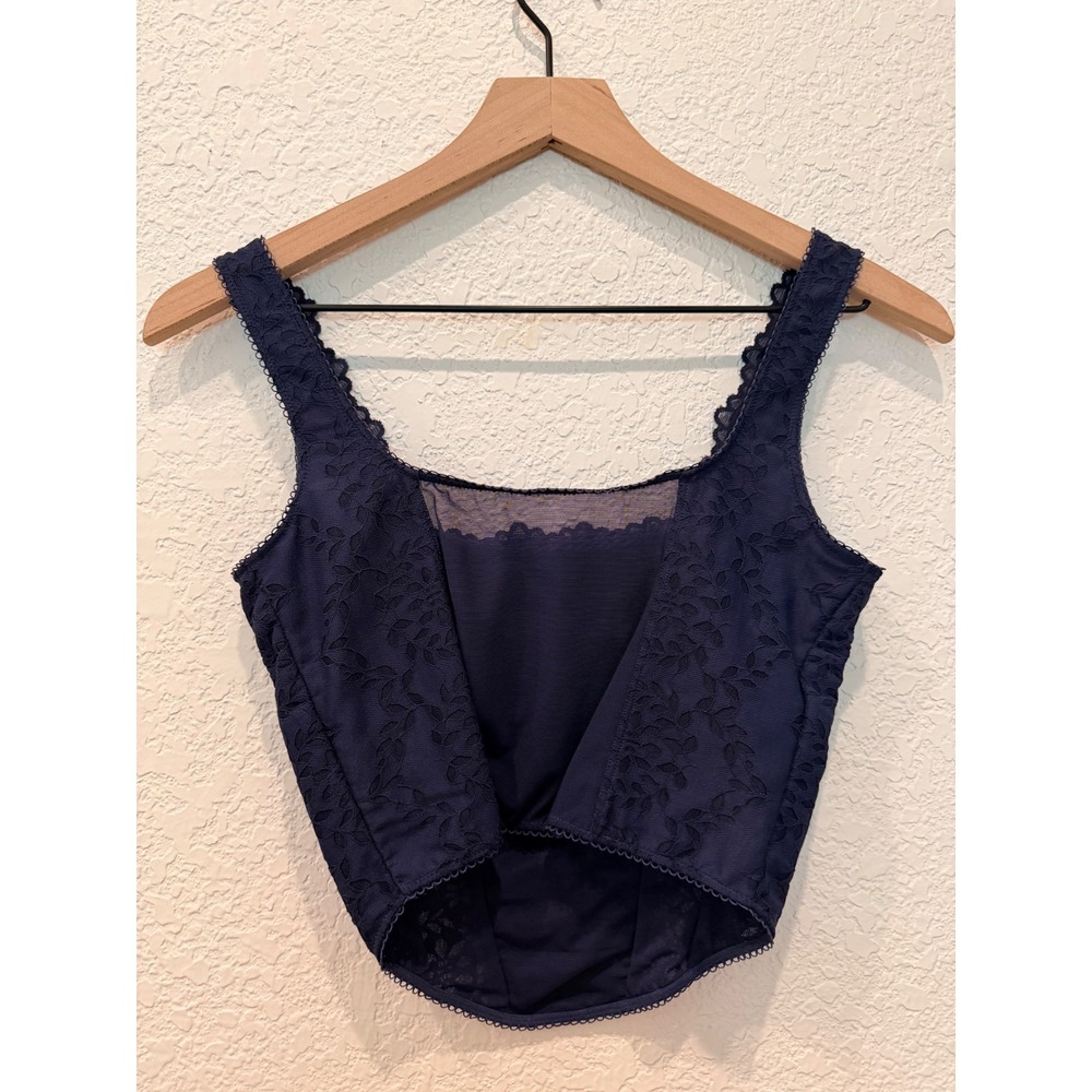 PINK Victoria's Secret Navy Blue Floral Lace Corset Top Small‎ Sheer Mesh Back - Picture 3 of 8